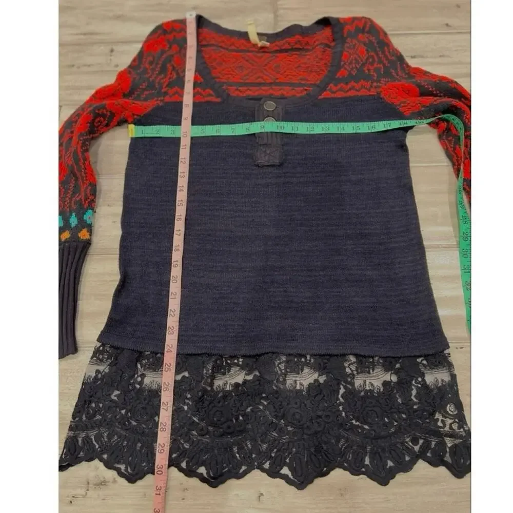 Vintage Free People We The Free Fair Isle Lace Hem Boho Sweater Tunic S